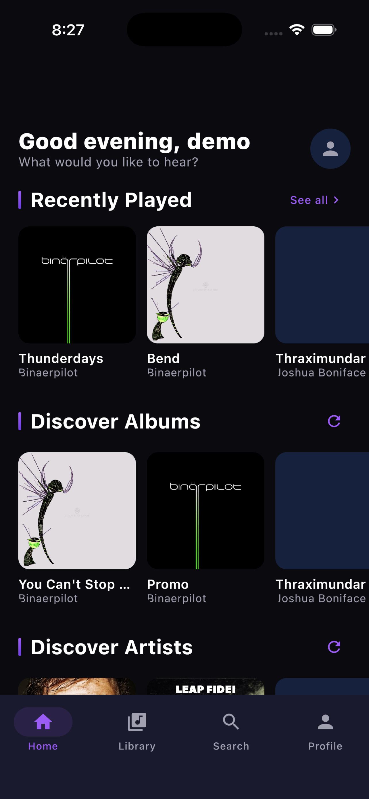 JellyWave home screen on iPhone — Recently Played, Discover Albums, Discover Artists