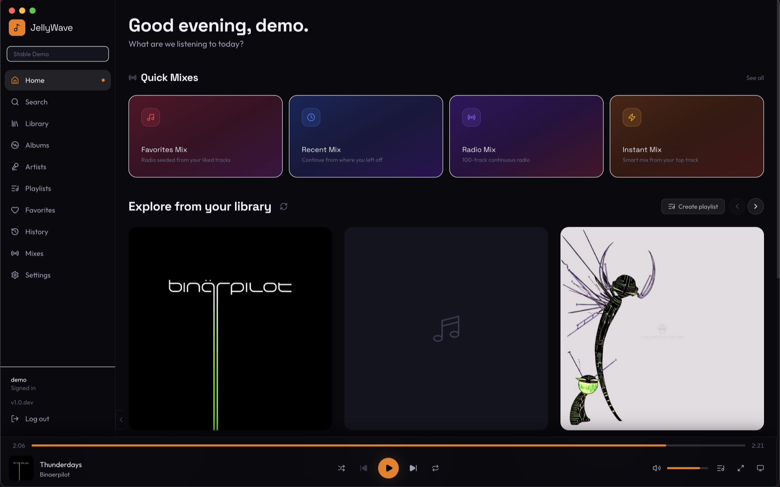 JellyWave home screen on Mac with Smart Mixes and library browsing