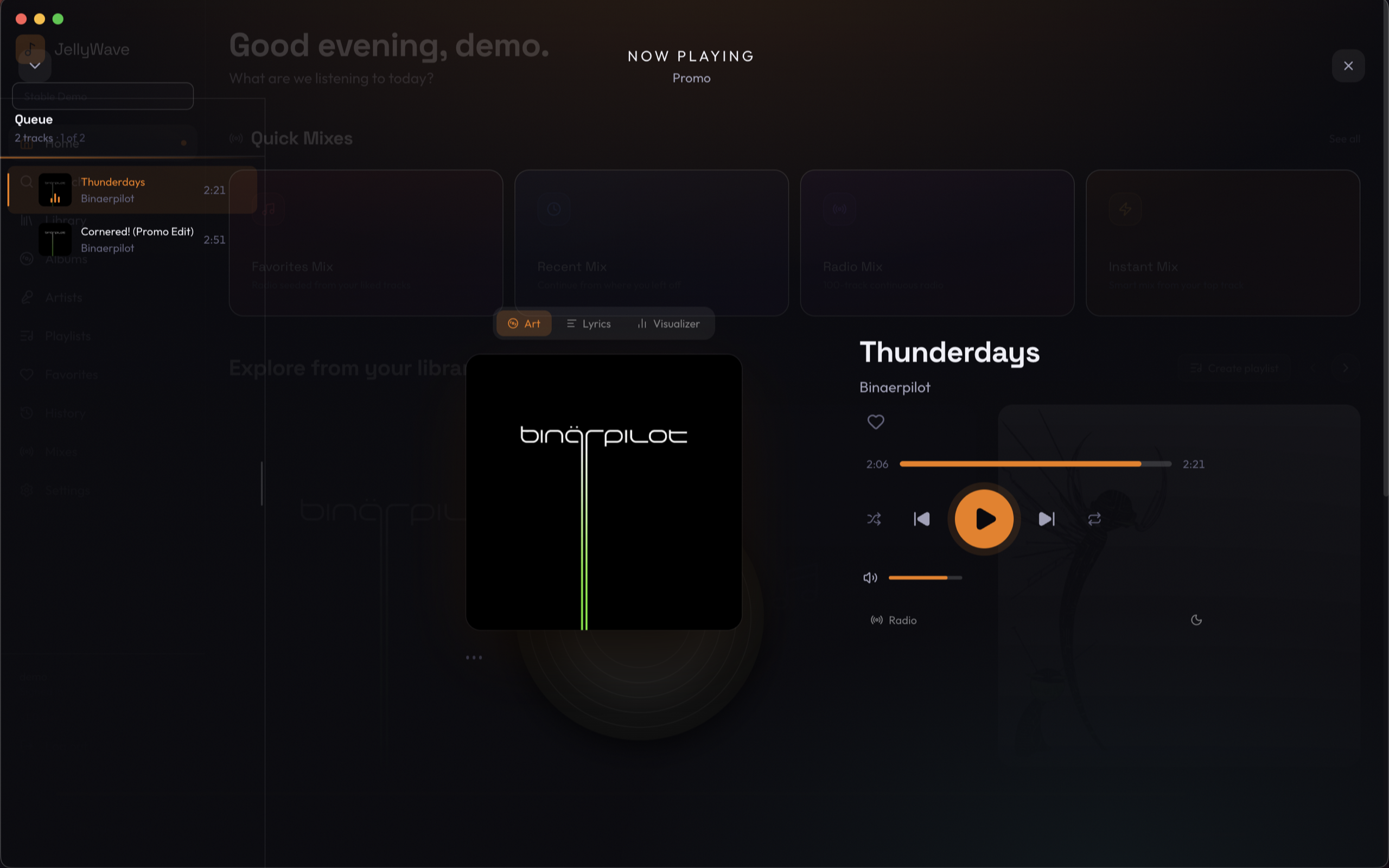 JellyWave Now Playing panel with queue and album art