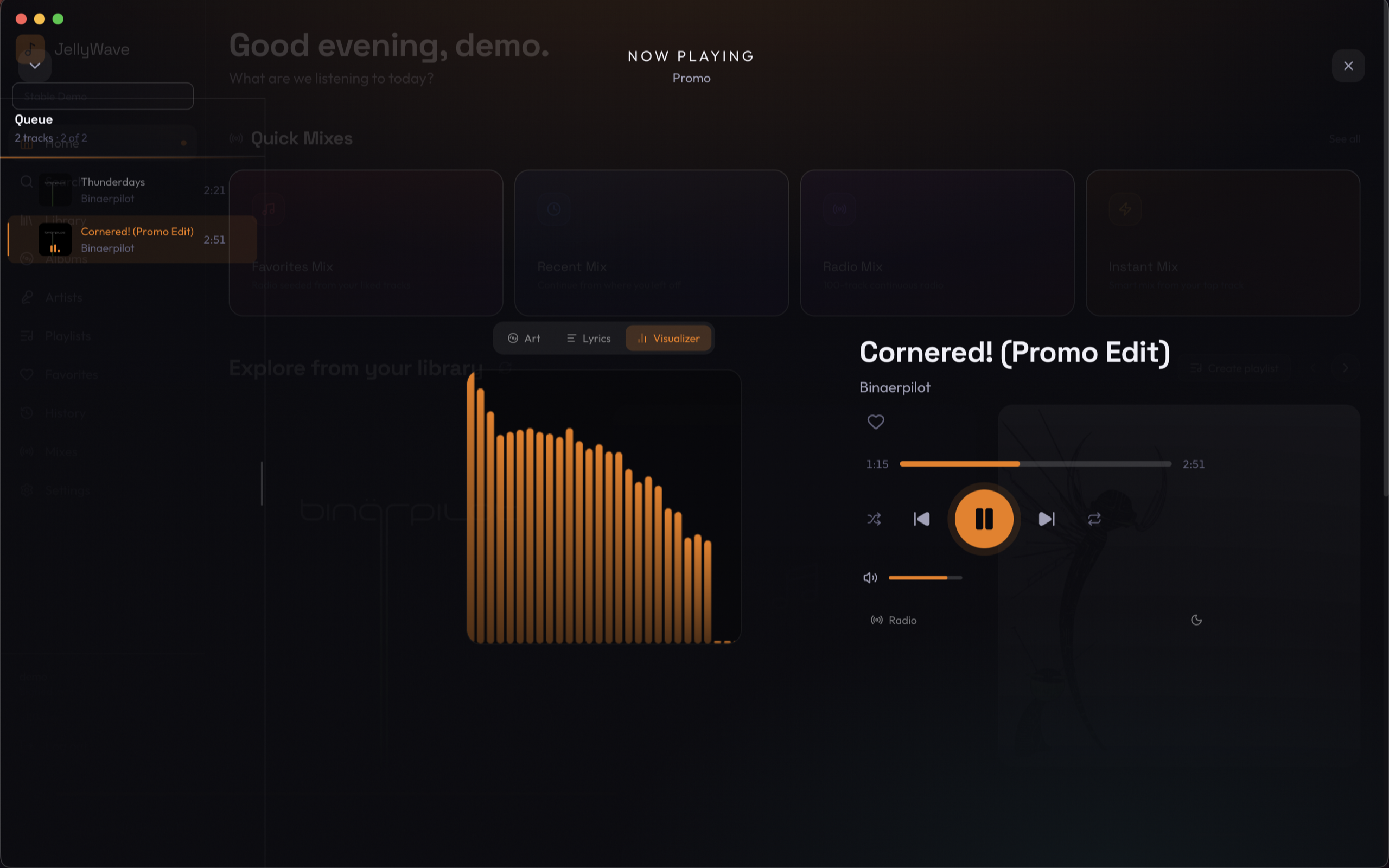 JellyWave Now Playing view with spectrum visualizer and album art