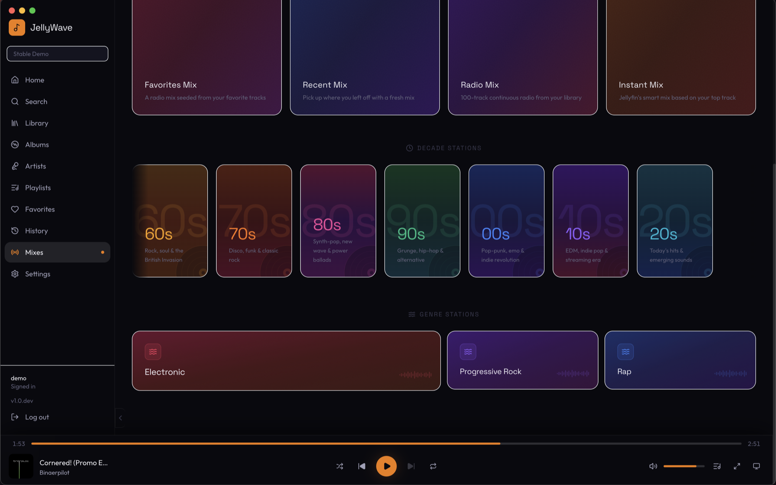 JellyWave main interface showing Smart Mixes and library browsing